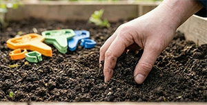 Vorarbeit im Beet: Hände lockern frische Erde