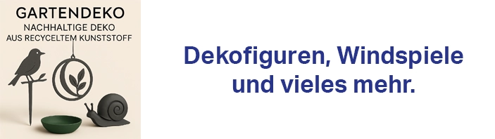 Kategoriebild Gartendeko: Gartenstecker mit Vogelsilhouette, hängende Deko mit Blattmotiv, Schneckenfigur und Schale aus recyceltem Kunststoff vor hellem Hintergrund.
