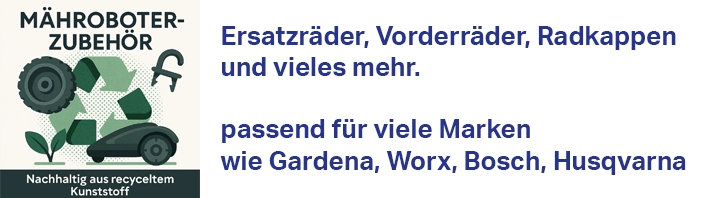 Kategoriebild Mähroboter‑Zubehör: Recycling‑Symbol, Ersatzrad, Mähroboter und Kabelclip – nachhaltige 3D‑Druck‑Produkte aus recyceltem Kunststoff.