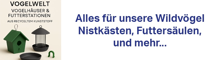 Kategoriebild Vogelwelt: Vogelhaus, Futtersäule, Futterschale und Zubehör aus recyceltem Kunststoff, wetterfest und nachhaltig, dargestellt vor hellem Hintergrund.