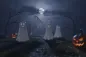 Preview: Spukhafte Halloween-Szene bei Vollmond mit fünf lächelnden Geisterfiguren auf einem Pfad, umgeben von kahlen Bäumen, Kürbislaternen und düsterer Landschaft. Preview: Spukhafte Halloween-Szene bei Vollmond mit fünf lächelnden Geisterfiguren auf einem Pfad, umgeben von kahlen Bäumen, Kürbislaternen und düsterer Landschaft.