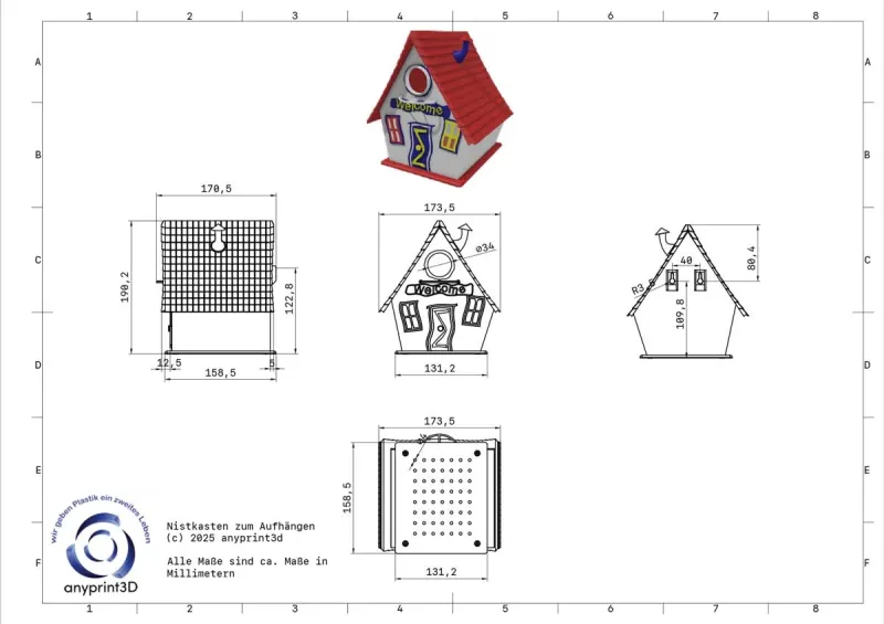 Nistkasten Hexe aus recyceltem Plastik - Maßzeichnung Nistkasten Hexe aus recyceltem Plastik - Maßzeichnung