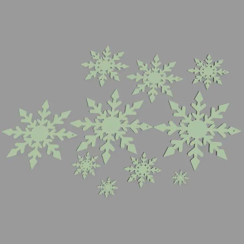Green snowflakes in various sizes and fractal designs, decoratively arranged on a black background – perfect for creative crafting and decoration ideas.