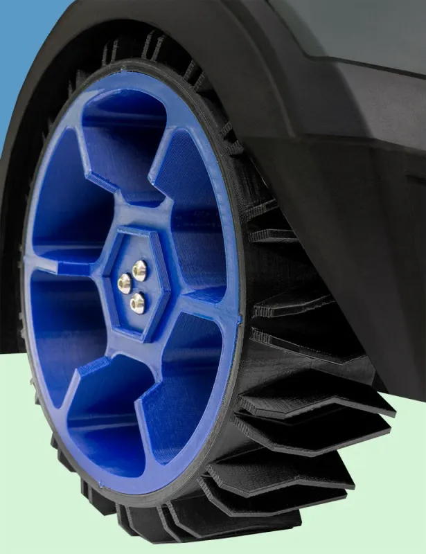 anyprint3d Offroad-Antriebsrad für Bosch Indego – Blaue Felge aus rPETG mit maximalem Grip.