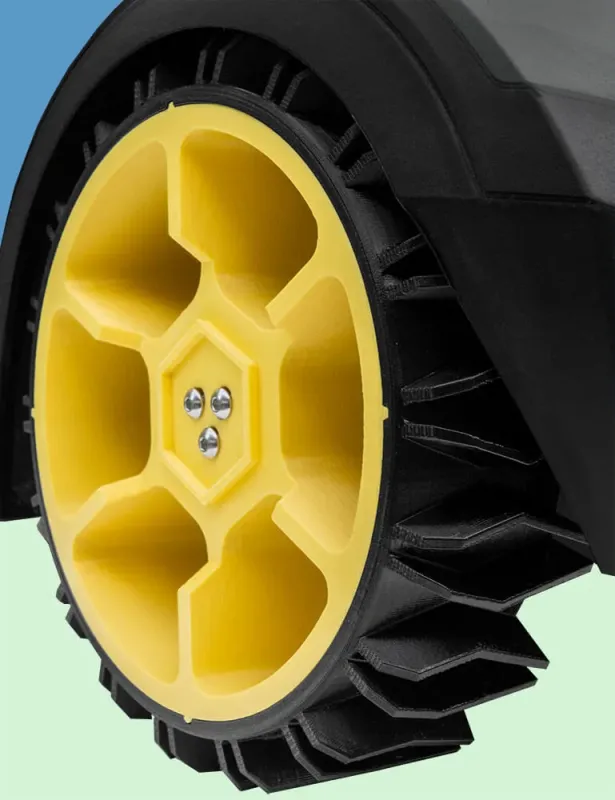 anyprint3d Offroad-Antriebsrad für Bosch Indego – Gelbe Felge für einen sportlichen Offroad-Look.