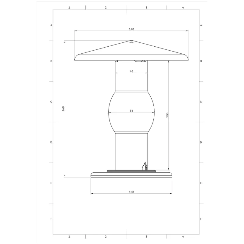 Front view of BirdieBistro feeder in small size with dimensions: height approx. 188 mm, top diameter 140 mm, base width 100 mm