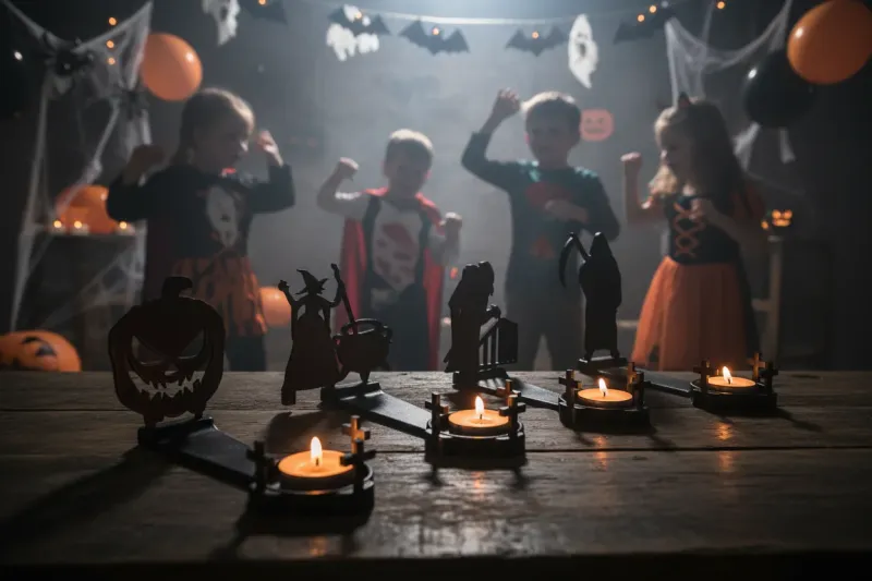 Stimmungsvolle Halloween-Deko mit Teelichthaltern aus recyceltem Kunststoff – Schattenfiguren, LED-Lichter und Festtafel im urbanen Ambiente Stimmungsvolle Halloween-Deko mit Teelichthaltern aus recyceltem Kunststoff – Schattenfiguren, LED-Lichter und Festtafel im urbanen Ambiente