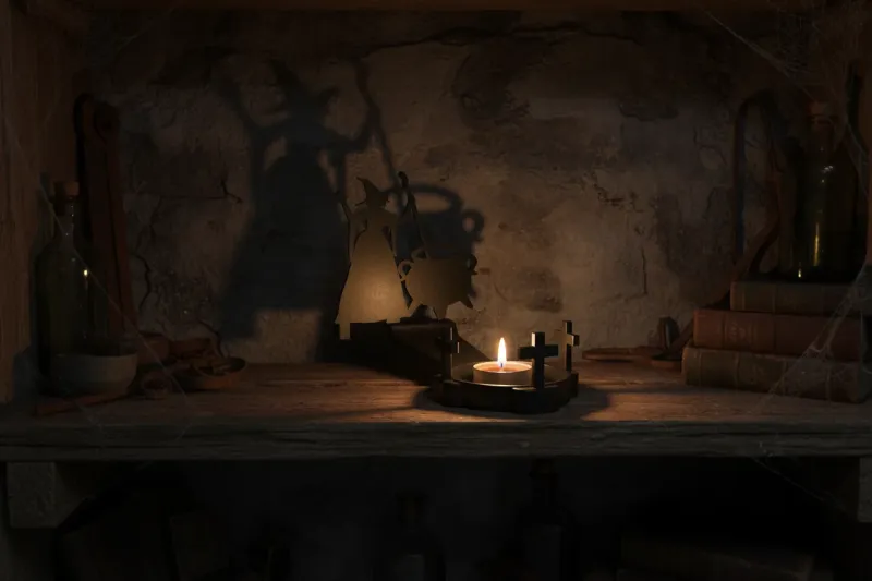 Teelichthalter mit Hexen-Silhouette und Kessel – stimmungsvolle Schattenprojektion auf rustikalem Regal mit magischer Deko Teelichthalter mit Hexen-Silhouette und Kessel – stimmungsvolle Schattenprojektion auf rustikalem Regal mit magischer Deko