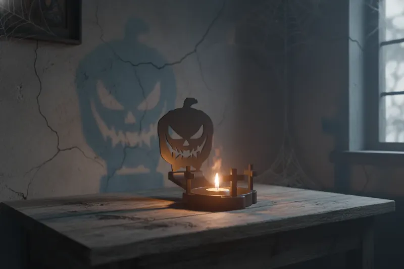 Halloween-Kerzenhalter mit Kürbis-Silhouette – stimmungsvolle Schattenprojektion auf rissiger Wand mit Spinnweben Halloween-Kerzenhalter mit Kürbis-Silhouette – stimmungsvolle Schattenprojektion auf rissiger Wand mit Spinnweben