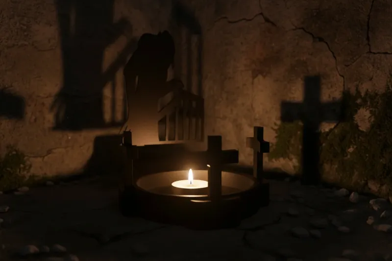 Teelichthalter mit Silhouette einer betenden Figur am Grab – stimmungsvolle Schatten auf verwitterter Wand mit Moos Teelichthalter mit Silhouette einer betenden Figur am Grab – stimmungsvolle Schatten auf verwitterter Wand mit Moos