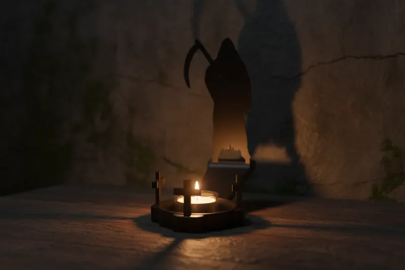 Teelichthalter mit Sensemann-Silhouette – dramatische Schattenprojektion auf rissiger Wand mit Grabkreuzen Teelichthalter mit Sensemann-Silhouette – dramatische Schattenprojektion auf rissiger Wand mit Grabkreuzen
