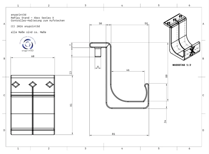 Technische Maßzeichnung für den anyprint3d RePlay Stand, eine Controller-Halterung für die Xbox Series X zum Aufstecken. Die Grafik zeigt eine Frontansicht, eine detaillierte Seitenansicht mit Bemaßungen (z. B. 60 mm Breite, 81 mm Gesamttiefe) sowie eine