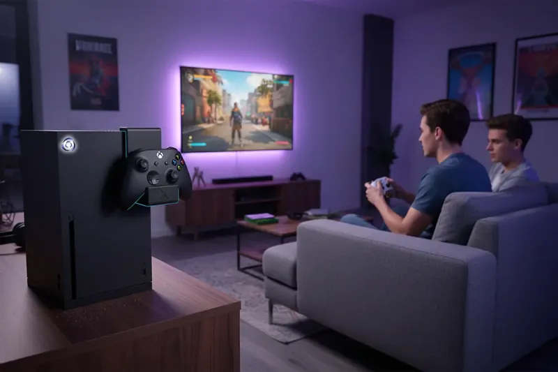 Stimmungsvolles Gaming-Zimmer Setup mit einem Spieler auf dem Sofa, einem gro&szlig;en TV und einer Xbox Series X, an der die schwarze anyprint3d RePlay Stand Controller-Halterung montiert ist.