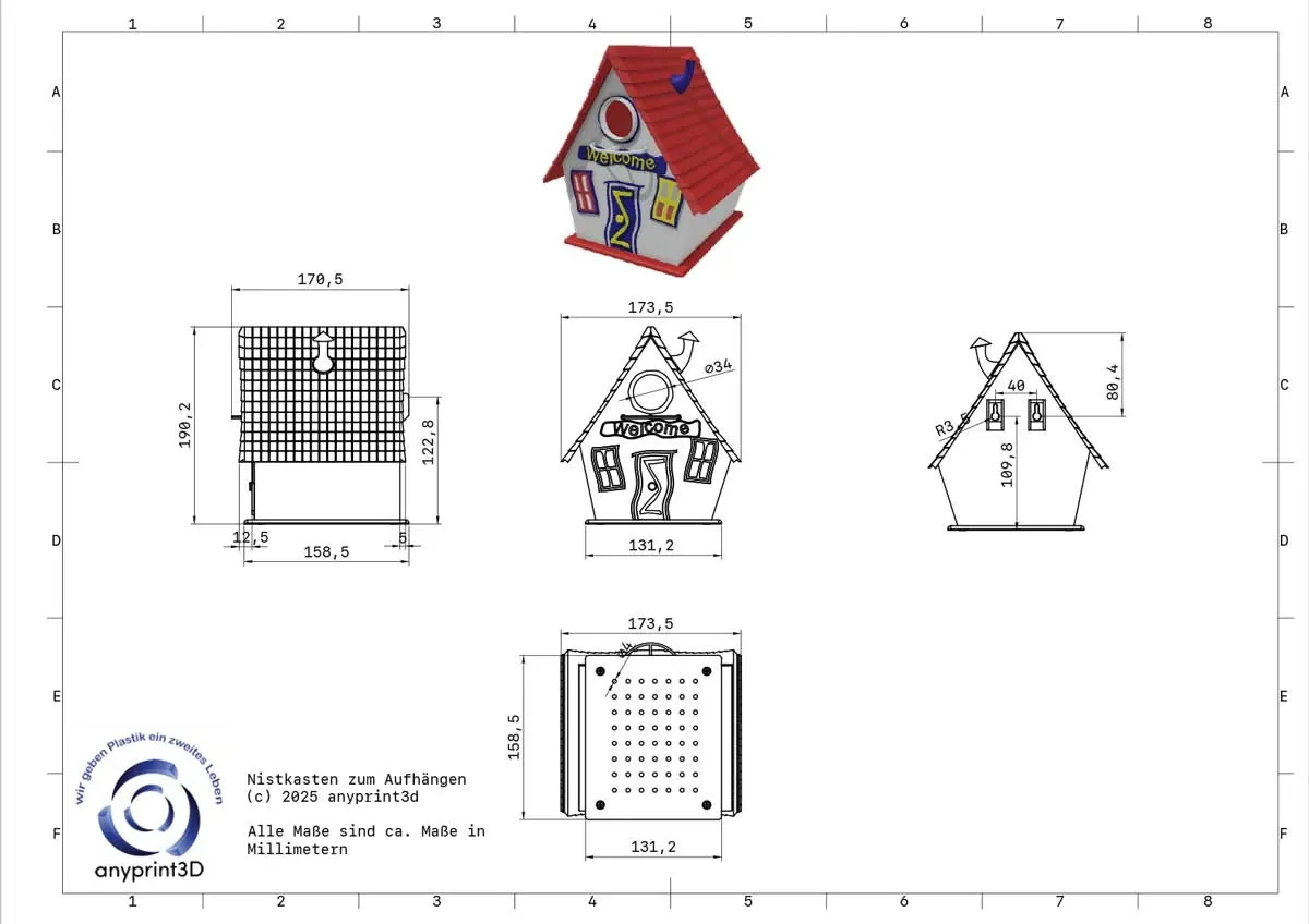 Nistkasten Hexe aus recyceltem Plastik - Maßzeichnung Nistkasten Hexe aus recyceltem Plastik - Maßzeichnung