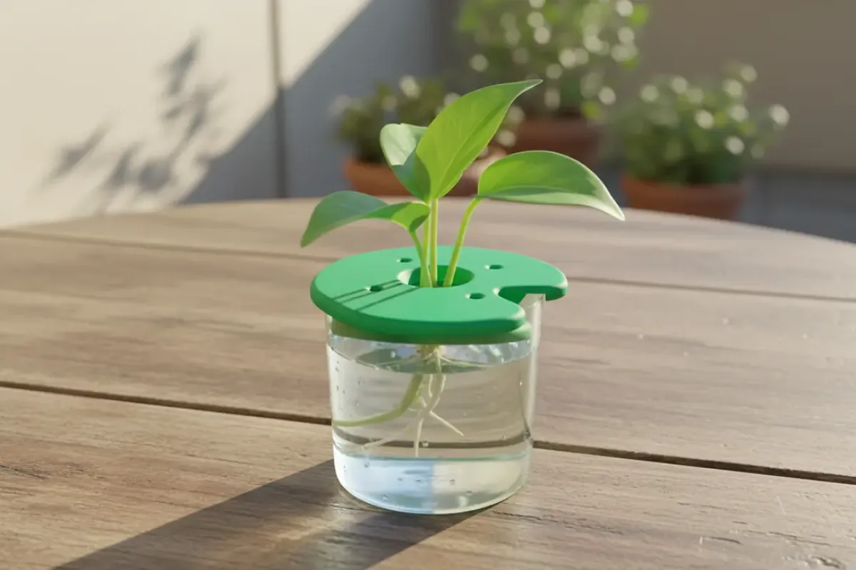 Grüner Stecklingshalter in Seerosenblatt-Form auf einem Wasserglas fixiert einen Pflanzen-Ableger mit Wurzeln. 3D-Druck aus recyceltem Kunststoff von anyprint3d.