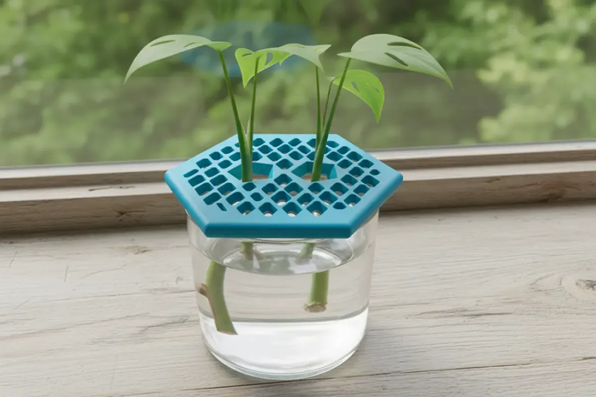 Blauer Waben-Stecklingshalter aus 3D-Druck fixiert zwei Monstera-Ableger in einem Wasserglas auf einer Fensterbank. Hergestellt aus recyceltem EU-Kunststoff von anyprint3d.