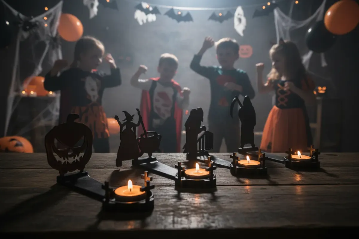 Stimmungsvolle Halloween-Deko mit Teelichthaltern aus recyceltem Kunststoff – Schattenfiguren, LED-Lichter und Festtafel im urbanen Ambiente Stimmungsvolle Halloween-Deko mit Teelichthaltern aus recyceltem Kunststoff – Schattenfiguren, LED-Lichter und Festtafel im urbanen Ambiente