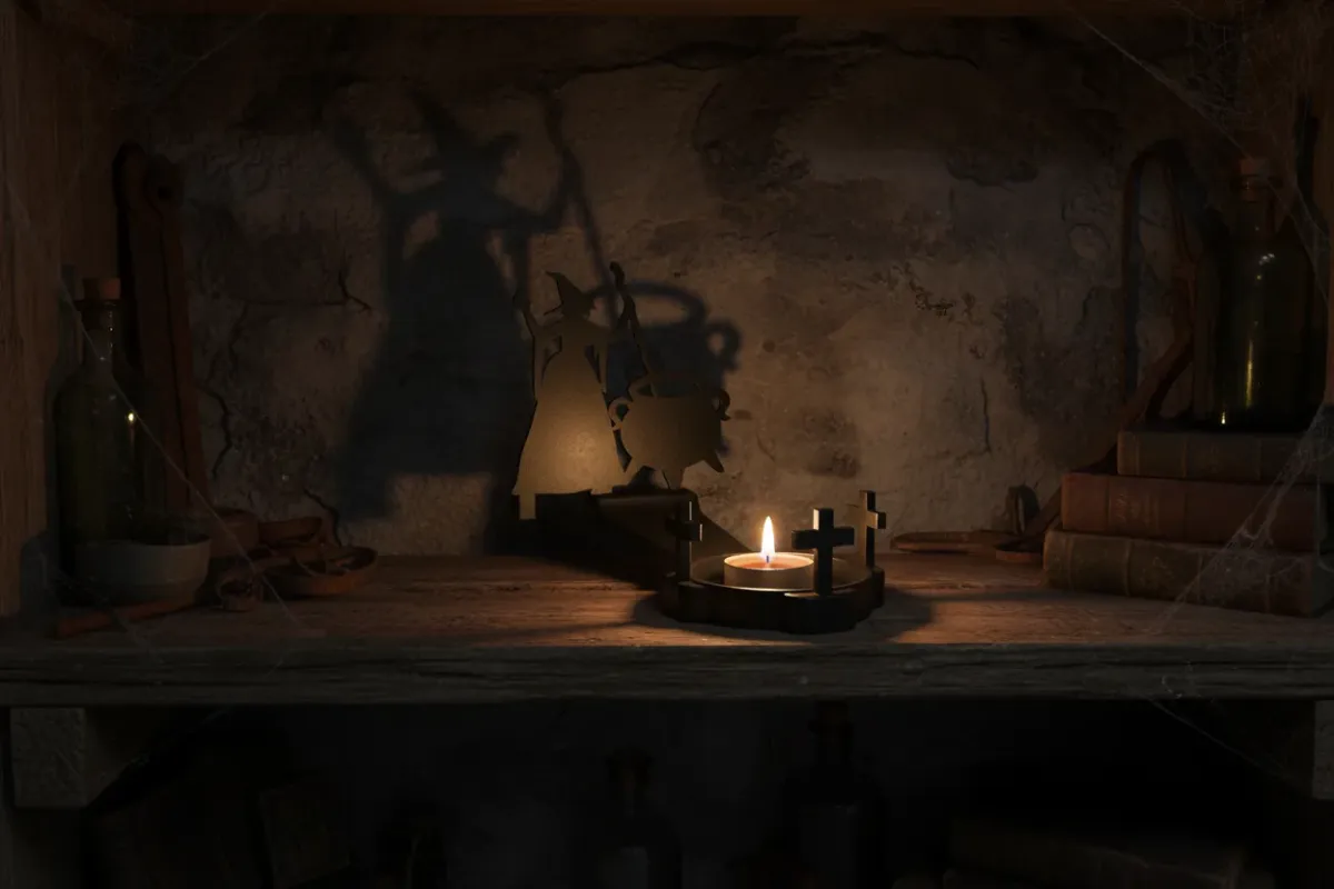 Teelichthalter mit Hexen-Silhouette und Kessel – stimmungsvolle Schattenprojektion auf rustikalem Regal mit magischer Deko Teelichthalter mit Hexen-Silhouette und Kessel – stimmungsvolle Schattenprojektion auf rustikalem Regal mit magischer Deko