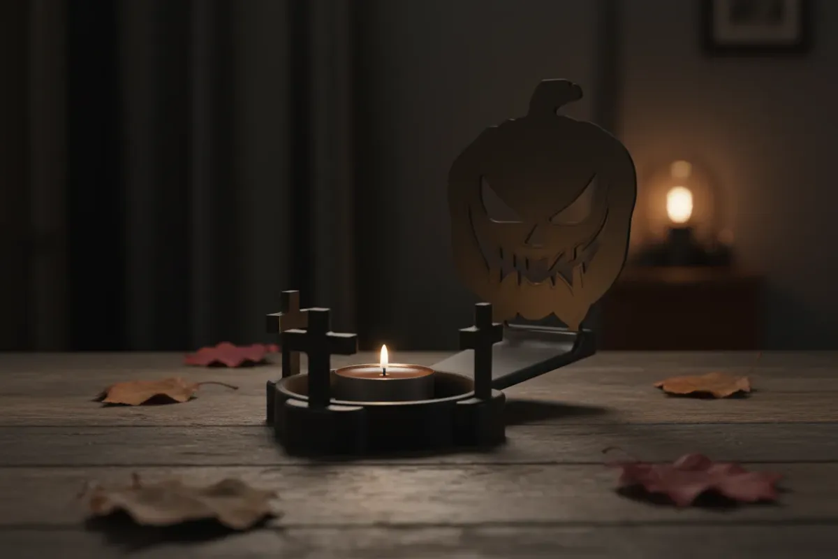 Halloween-Kerzenhalter mit Kürbis-Silhouette – LED-Licht, Grabkreuze und herbstliche Blätter auf Holzoberfläche Halloween-Kerzenhalter mit Kürbis-Silhouette – LED-Licht, Grabkreuze und herbstliche Blätter auf Holzoberfläche