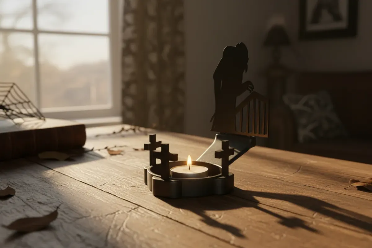 Teelichthalter mit Silhouette einer Figur hinter Tor und Grabkreuzen – herbstliche Tischdeko mit Spinnweben und Buch Teelichthalter mit Silhouette einer Figur hinter Tor und Grabkreuzen – herbstliche Tischdeko mit Spinnweben und Buch