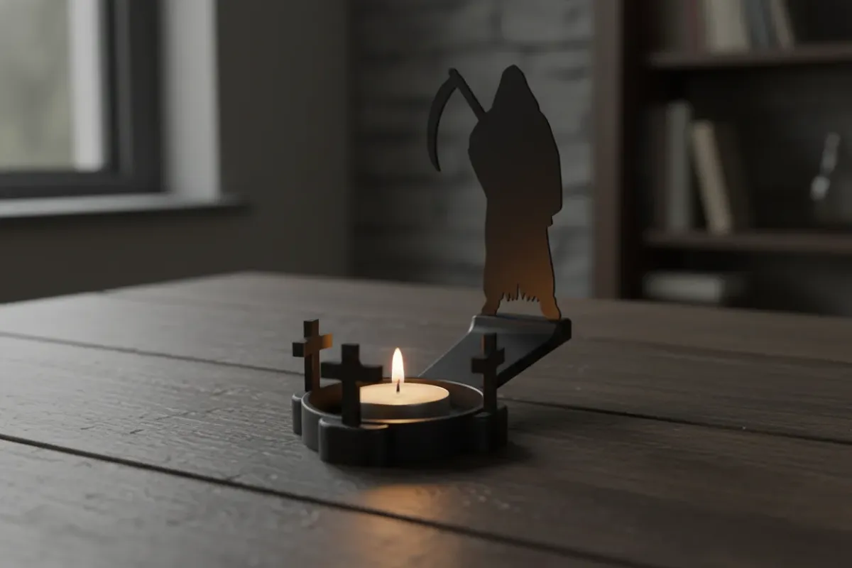 Halloween-Teelichthalter mit Grim Reaper-Silhouette – LED-Licht und Schattenprojektion vor Bücherregal Halloween-Teelichthalter mit Grim Reaper-Silhouette – LED-Licht und Schattenprojektion vor Bücherregal