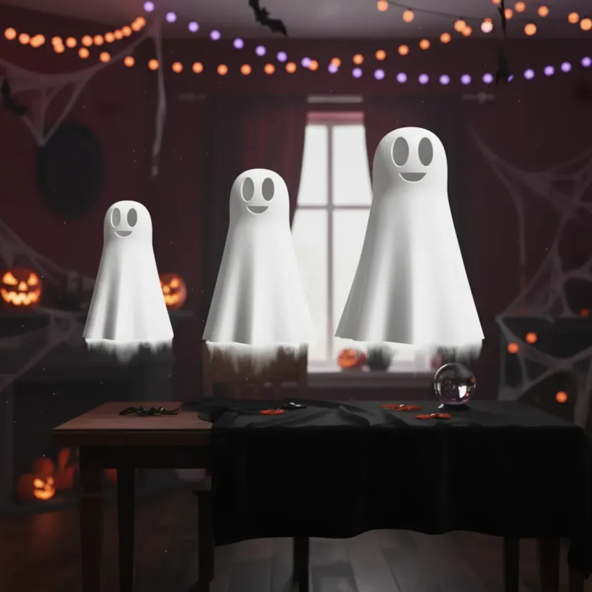 Drei schwebende Cartoon-Geister mit lächelnden Gesichtern in einem Halloween-dekorierten Raum mit Lichterketten, Kürbissen und Spinnweben. Drei schwebende Cartoon-Geister mit lächelnden Gesichtern in einem Halloween-dekorierten Raum mit Lichterketten, Kürbissen und Spinnweben.
