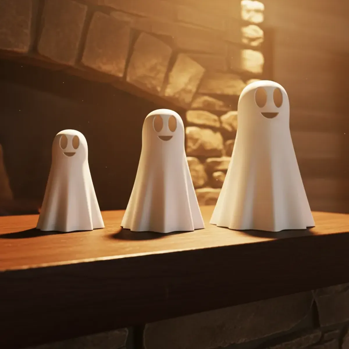 Drei weiße Geisterfiguren mit freundlichen Gesichtern auf einem Holzbrett vor einem Stein-Kamin. Herbstliche, gemütliche Atmosphäre. Drei weiße Geisterfiguren mit freundlichen Gesichtern auf einem Holzbrett vor einem Stein-Kamin. Herbstliche, gemütliche Atmosphäre.
