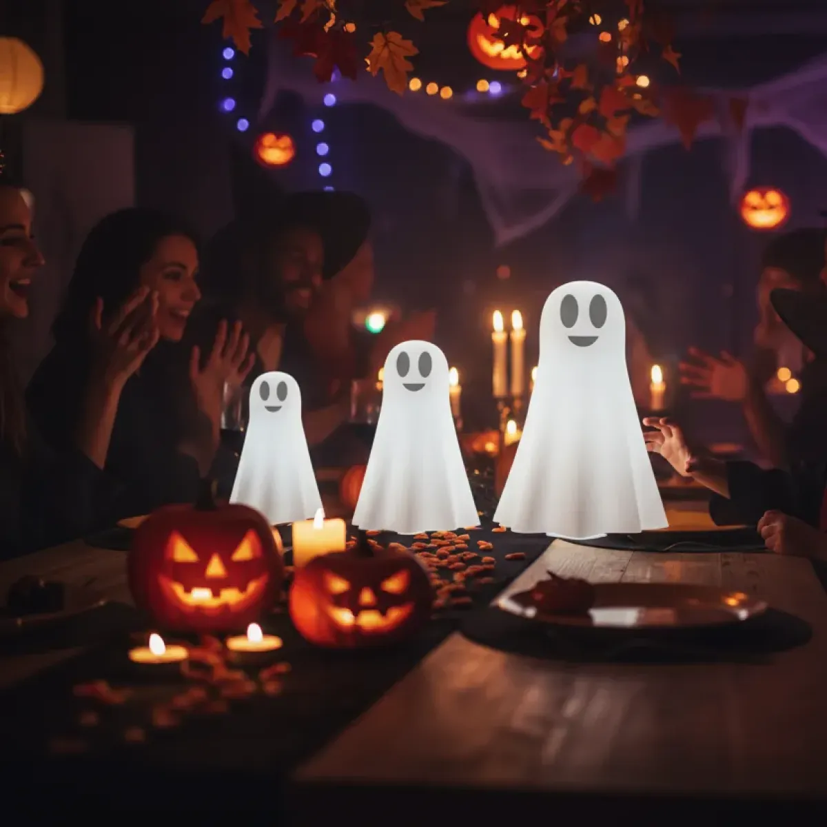 Halloween-Feier mit beleuchteten Geisterfiguren, Kürbissen, Kerzen und Gästen in Kostümen an einem festlich gedeckten Tisch. Halloween-Feier mit beleuchteten Geisterfiguren, Kürbissen, Kerzen und Gästen in Kostümen an einem festlich gedeckten Tisch.