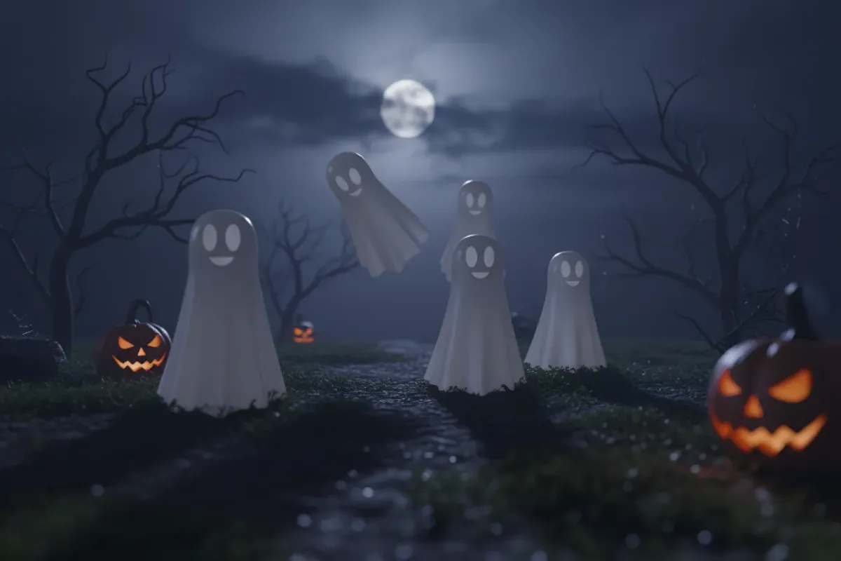 Spukhafte Halloween-Szene bei Vollmond mit fünf lächelnden Geisterfiguren auf einem Pfad, umgeben von kahlen Bäumen, Kürbislaternen und düsterer Landschaft. Spukhafte Halloween-Szene bei Vollmond mit fünf lächelnden Geisterfiguren auf einem Pfad, umgeben von kahlen Bäumen, Kürbislaternen und düsterer Landschaft.
