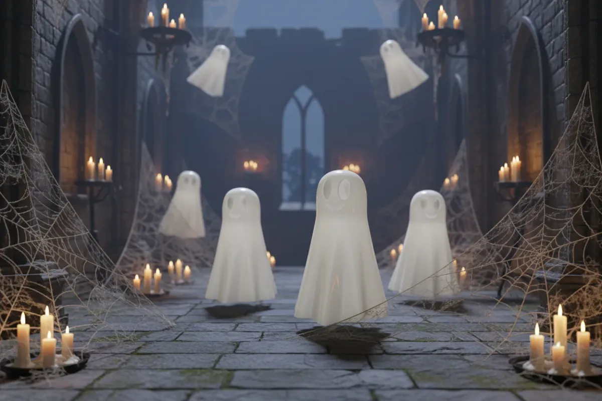 Dunkles, gotisches Halloween-Gewölbe mit Steinwänden, Kerzenlicht und Spinnweben. Mehrere lächelnde Geisterfiguren schweben in der Luft, vor einem großen Fenster mit nebliger Landschaft. Dunkles, gotisches Halloween-Gewölbe mit Steinwänden, Kerzenlicht und Spinnweben. Mehrere lächelnde Geisterfiguren schweben in der Luft, vor einem großen Fenster mit nebliger Landschaft.