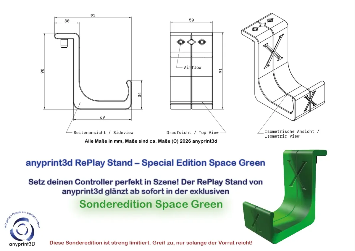 Ein technisches Produktdatenblatt und Marketingbild für den anyprint3d RePlay Stand in der Sonderedition Space Green. Oben sind technische Zeichnungen mit Bemaßungen (z. B. 90x91x50 mm) für Seitenansicht, Draufsicht und isometrische Ansicht zu sehen, die
