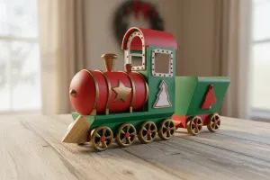 Christmas decoration train made of recycled PLA in red, green, and gold with festive symbols like star, tree, and bell – handcrafted by anyprint3d, displayed on wood surface with Christmas wreath. Not a toy.