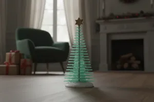 Modern Christmas tree made of recycled plastic with a golden star topper on a white base – stylish holiday decor in a cozy living room.