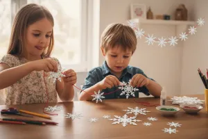 Two children are crafting a snowflake garland with red string at a wooden table. Surrounded by supplies like pencils, scissors, glue, and glitter – a cozy, creative moment.