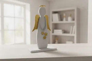 Decorative Christmas angel figurine “Aurora” made from recycled PLA in white and gold, sustainable decor piece with stars and halo, eco-friendly Christmas decoration handmade in Germany.