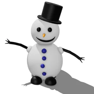 3D-printed snowman with top hat, carrot nose, and blue buttons as festive winter decoration.